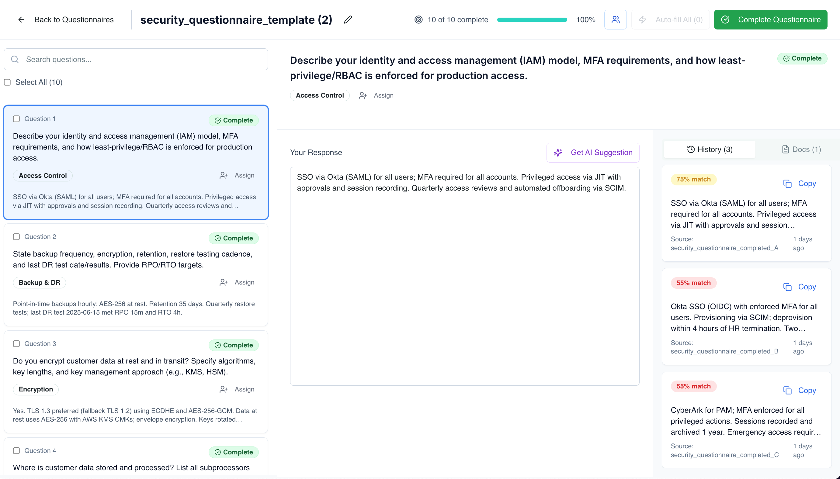 RFI Know AI-powered question interface with confidence scoring and evidence tracking